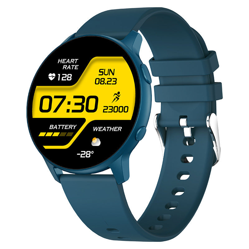 Blue fitness smartwatch showing heart rate 128, date Sunday 08.23, time 07:30, steps 23000, battery level, and -28° weather