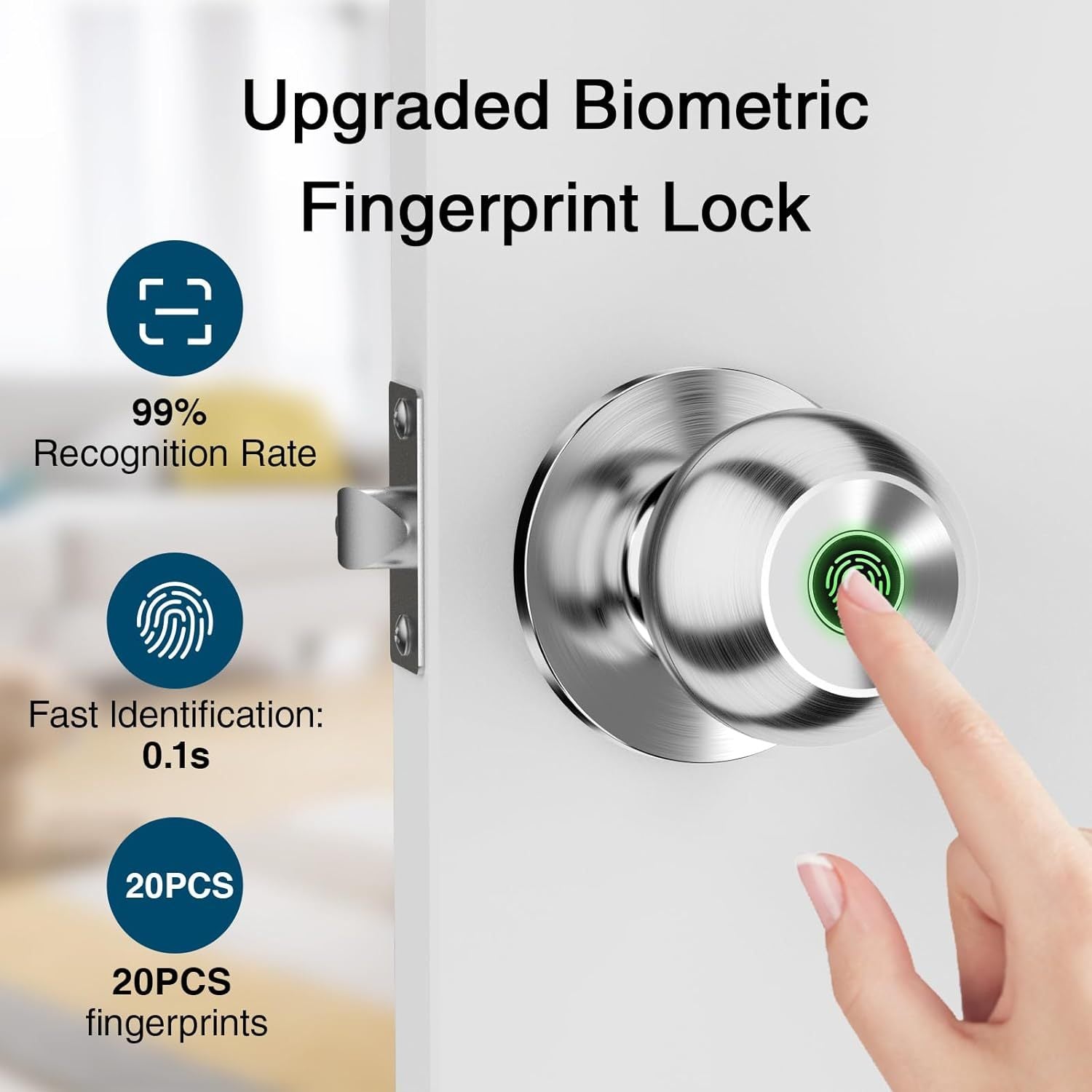 GHome Smart Door Knob Fingerprint Door Lock Rechargeable Smart Lock Electronic Biometric Door Lock For Bedroom, App Control, Suitable For Bedroom Home, Offices, Garages, Hotels, Apartments