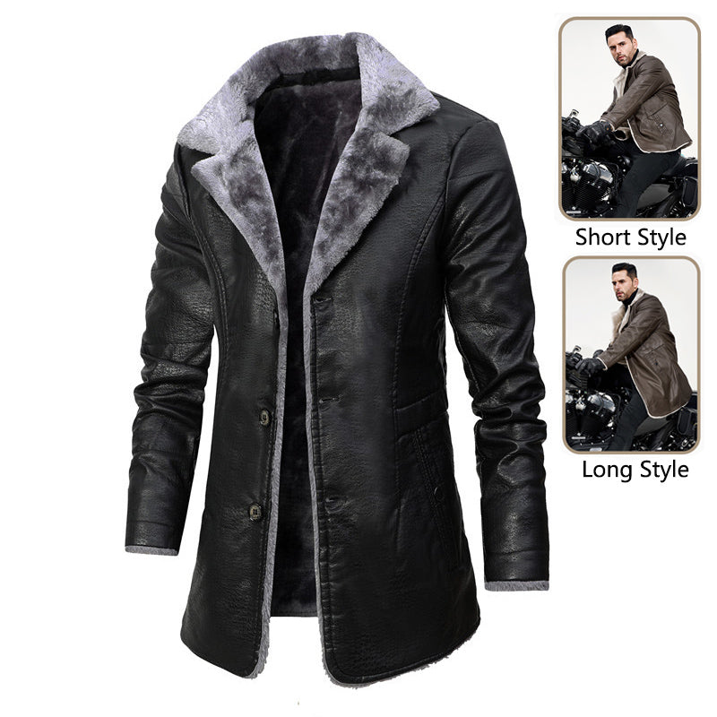 Men’s Business Formal Faux Leather Jacket – Medium-Length, Velvet-Lined, Single-Breasted Coat