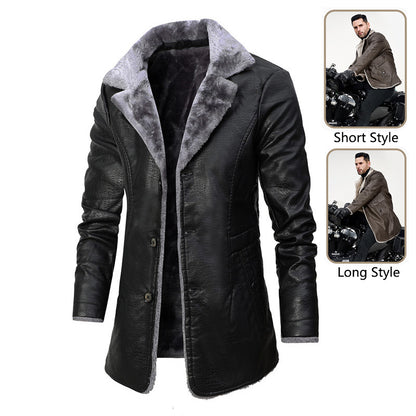 Men’s Business Formal Faux Leather Jacket – Medium-Length, Velvet-Lined, Single-Breasted Coat