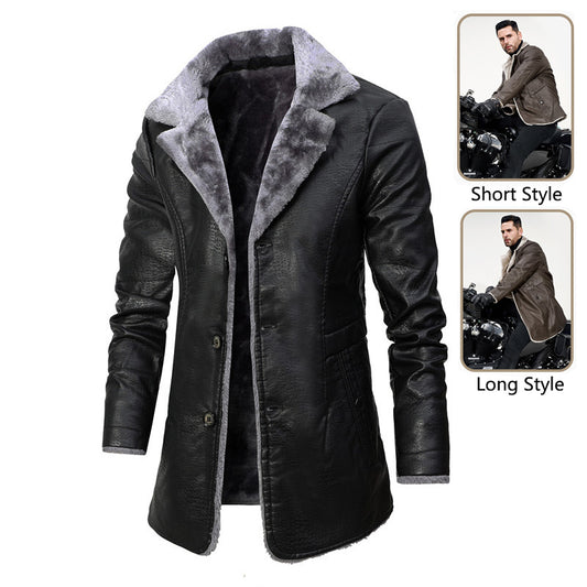 Men’s Business Formal Faux Leather Jacket – Medium-Length, Velvet-Lined, Single-Breasted Coat