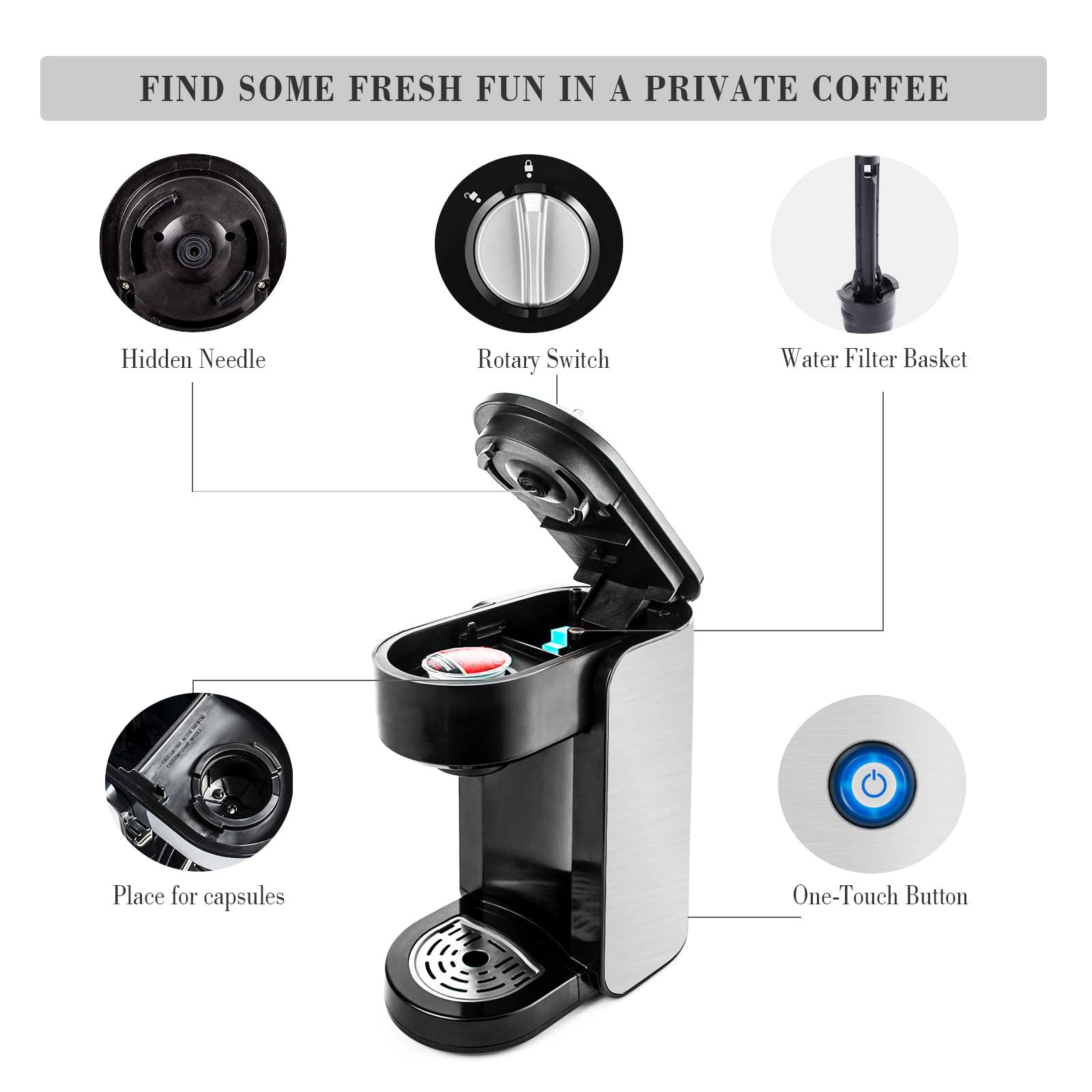 Classic Metal Single Serve Coffee Maker With One Button Operation And Auto Shut-Off For 355.0 Milliliter Capacity