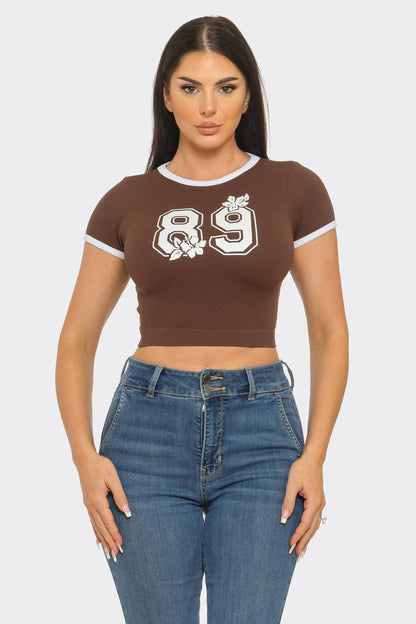 Seamless Contrast Binding "89" Screen Print Top