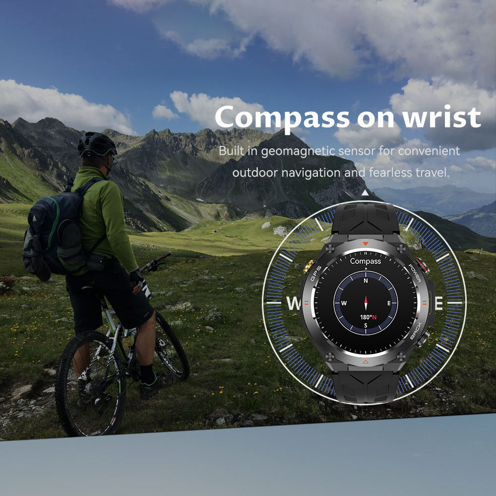 Outdoor cyclist with backpack and mountain bike overlooking green hills, smartwatch compass feature overlay
