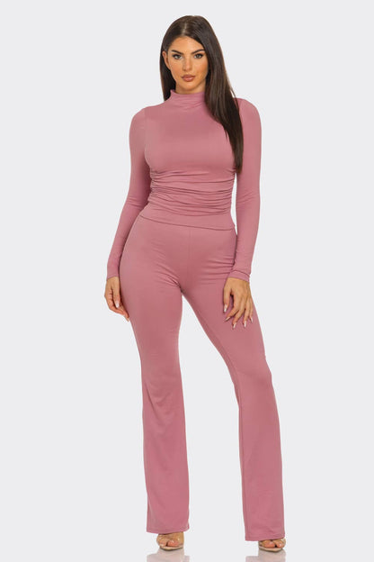 Mock Neck Shirring Top And Flare Leggings Set