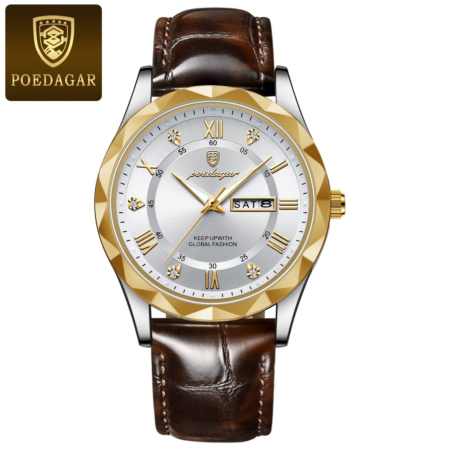 Poedagar men's wristwatch with gold bezel, silver dial, brown leather strap, and day-date display