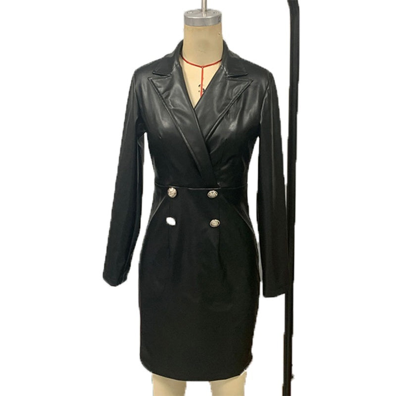 NEW Women's Faux Leather Blazer Dress, Double-Breasted Long Sleeve Midi Dress, Slim Fit Office Bodycon Dress