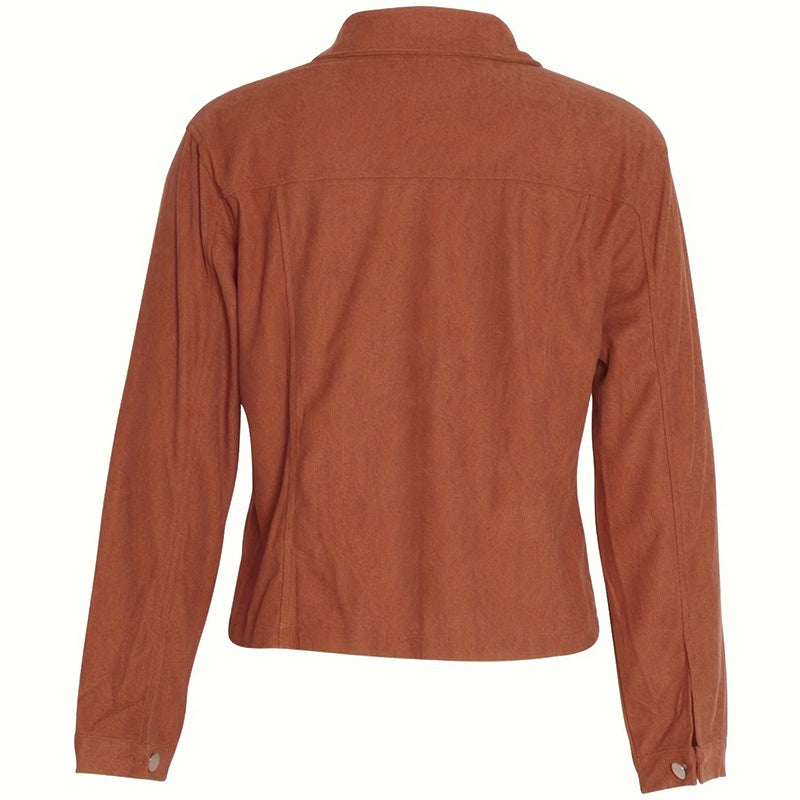 Back view of a women's rust brown long-sleeve jacket with a classic collar and buttoned cuffs