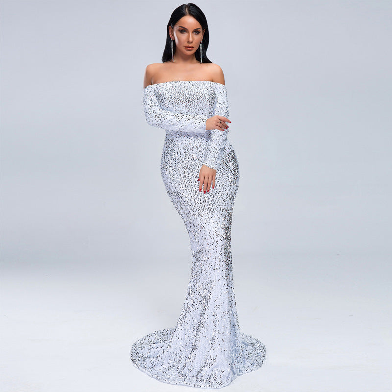 NEW Sexy Strapless Long Sleeve Sequins Party Evening Dress