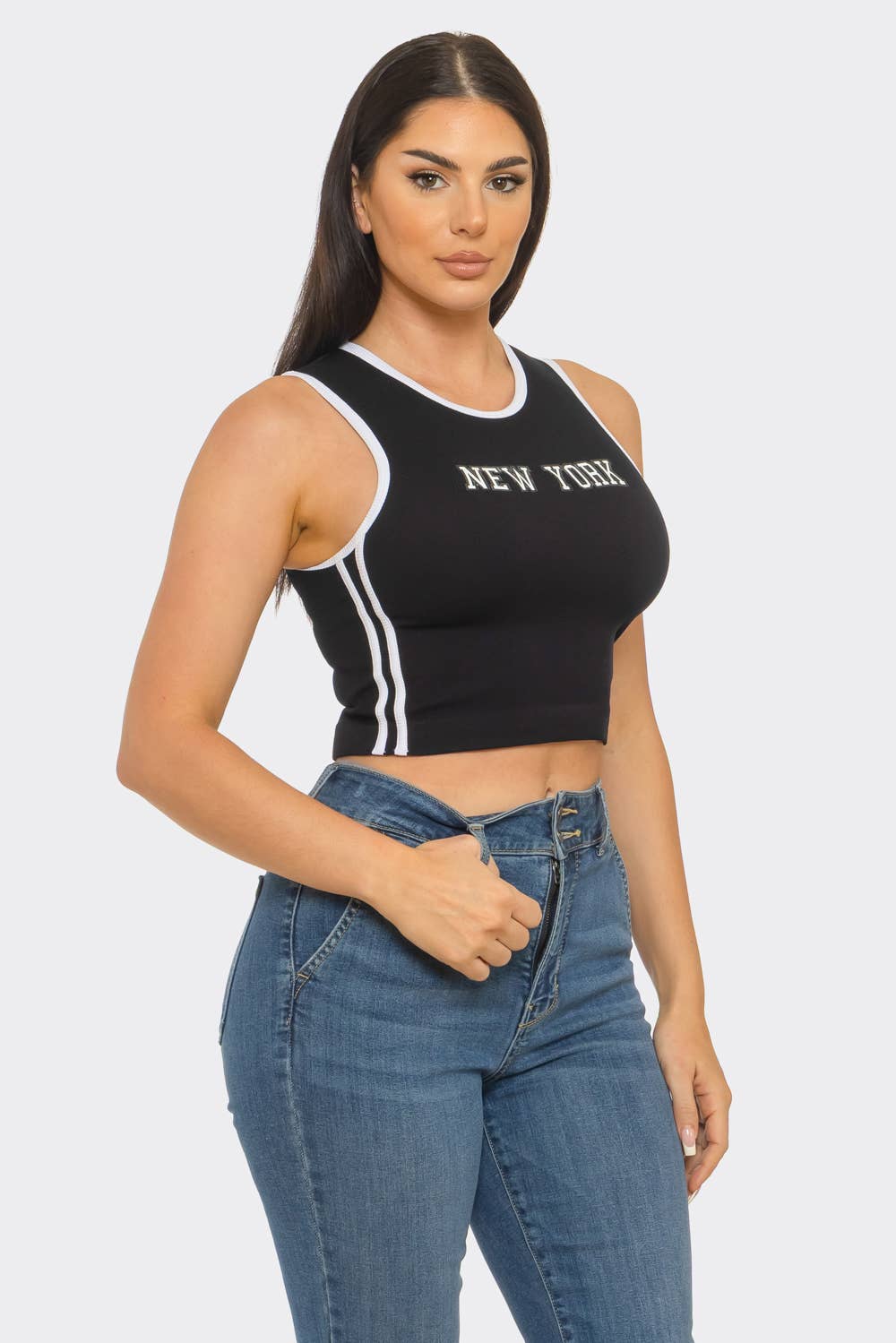 Seamless "New York" Screen Print Side Stripes Top