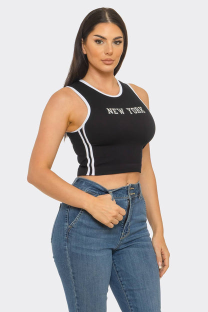 Seamless "New York" Screen Print Side Stripes Top