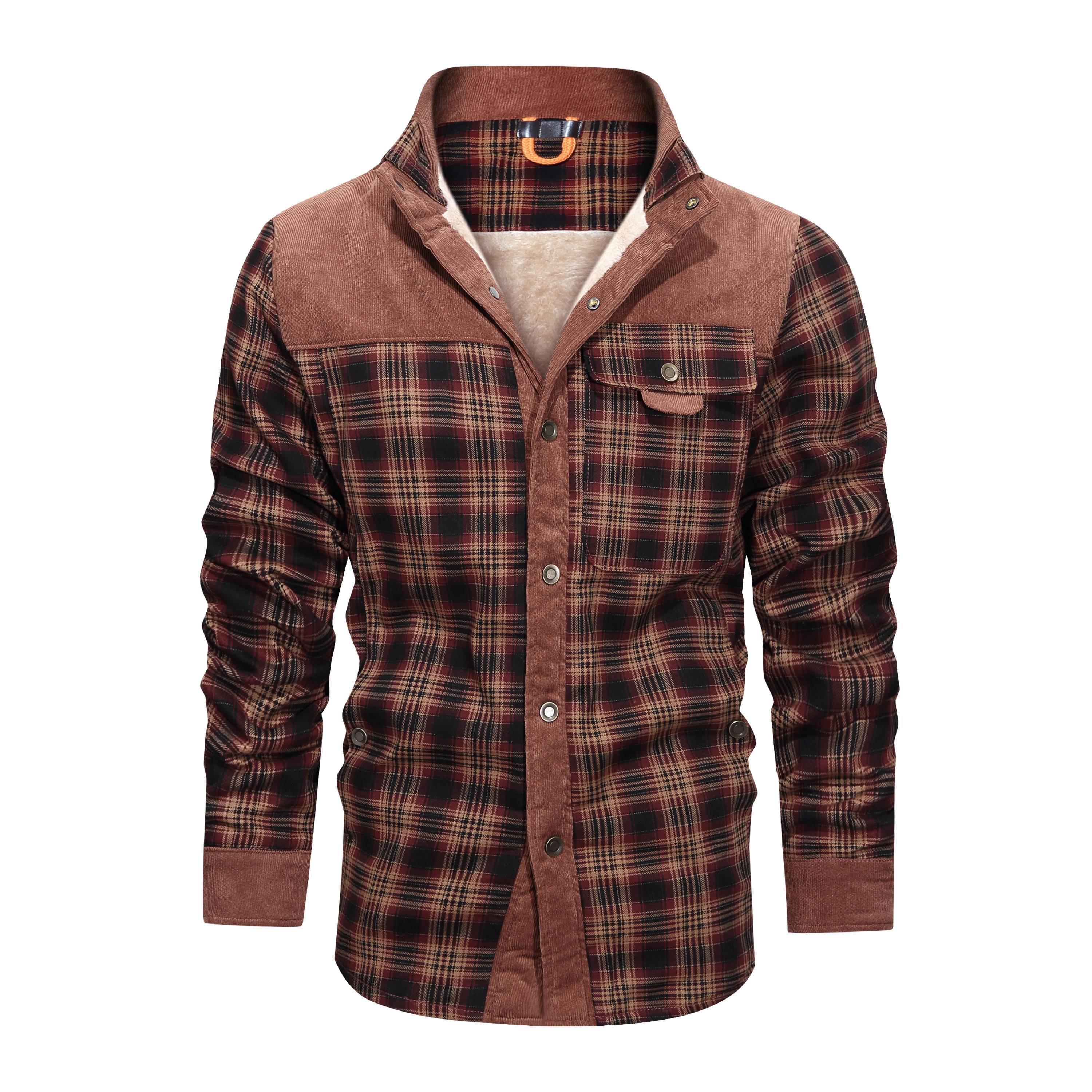 Thickened Shirt Jacket With Classic Plaid Fuzzy Fleece Lining Inside Design