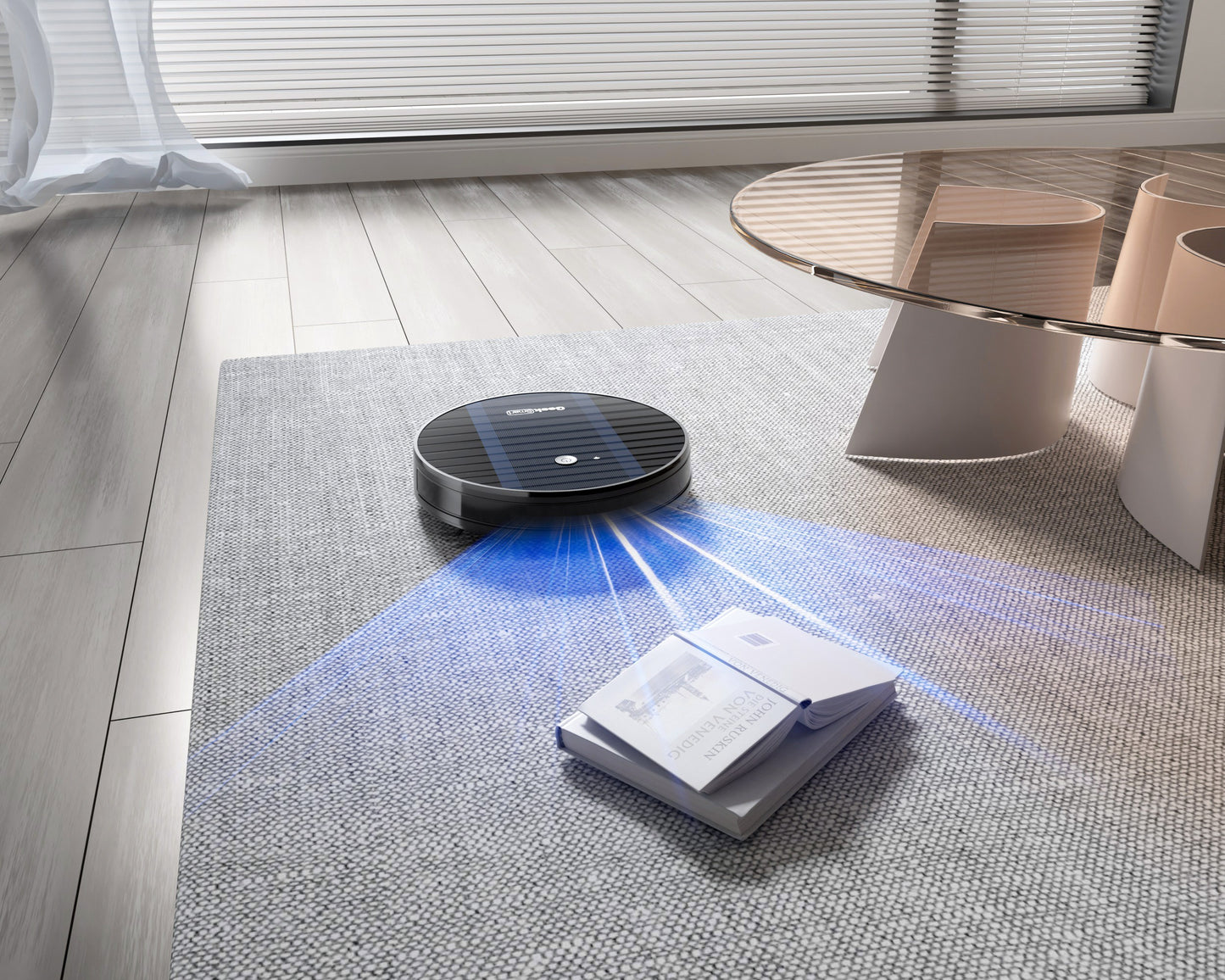 robot vacuum cleaner with blue sensor light cleaning gray carpet near coffee table and books