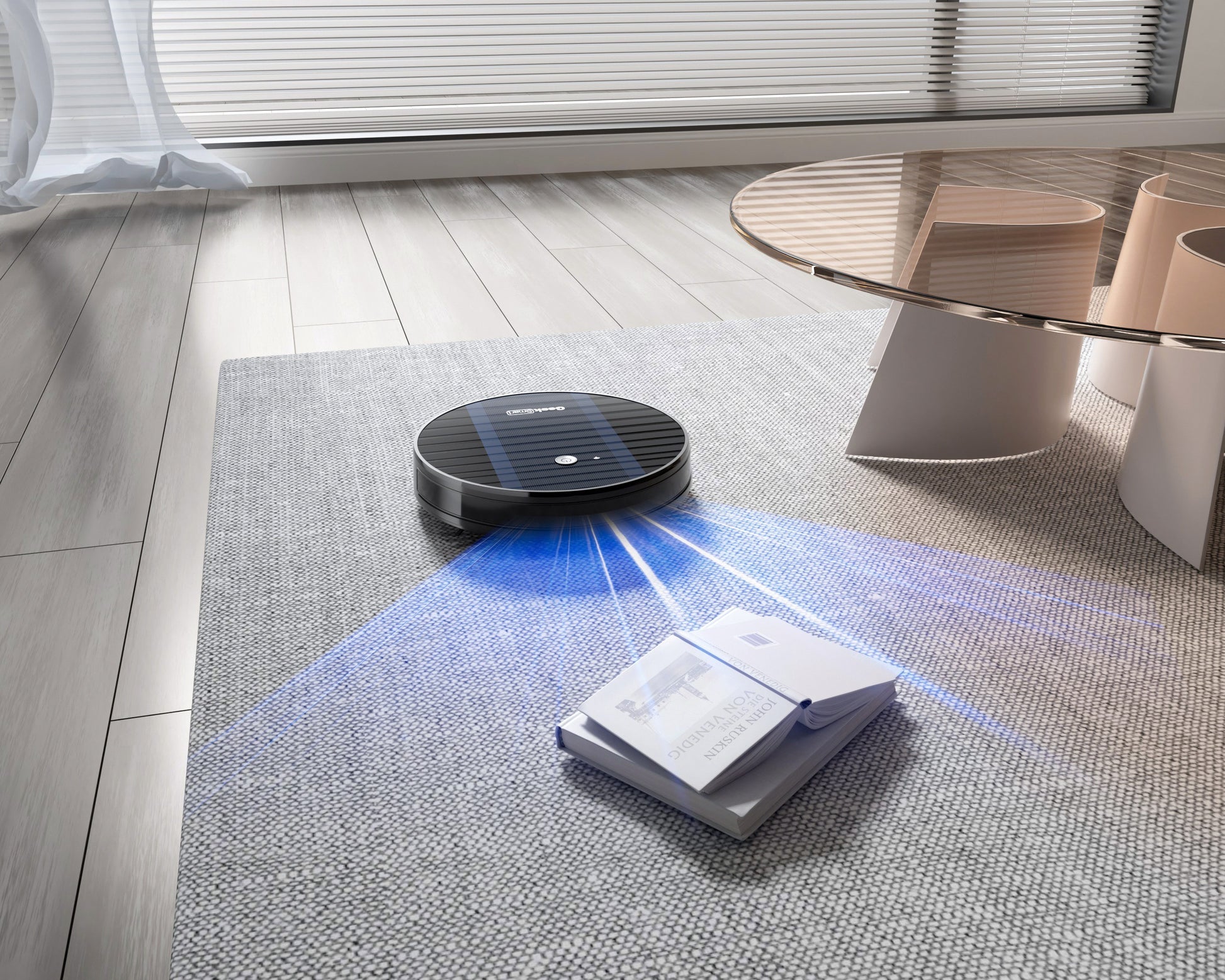 robot vacuum cleaner with blue sensor light cleaning gray carpet near coffee table and books