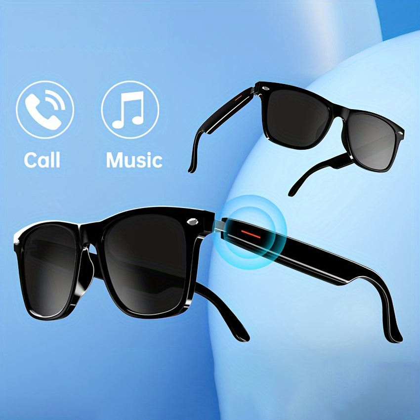 Black smart sunglasses with built-in call and music features on blue background