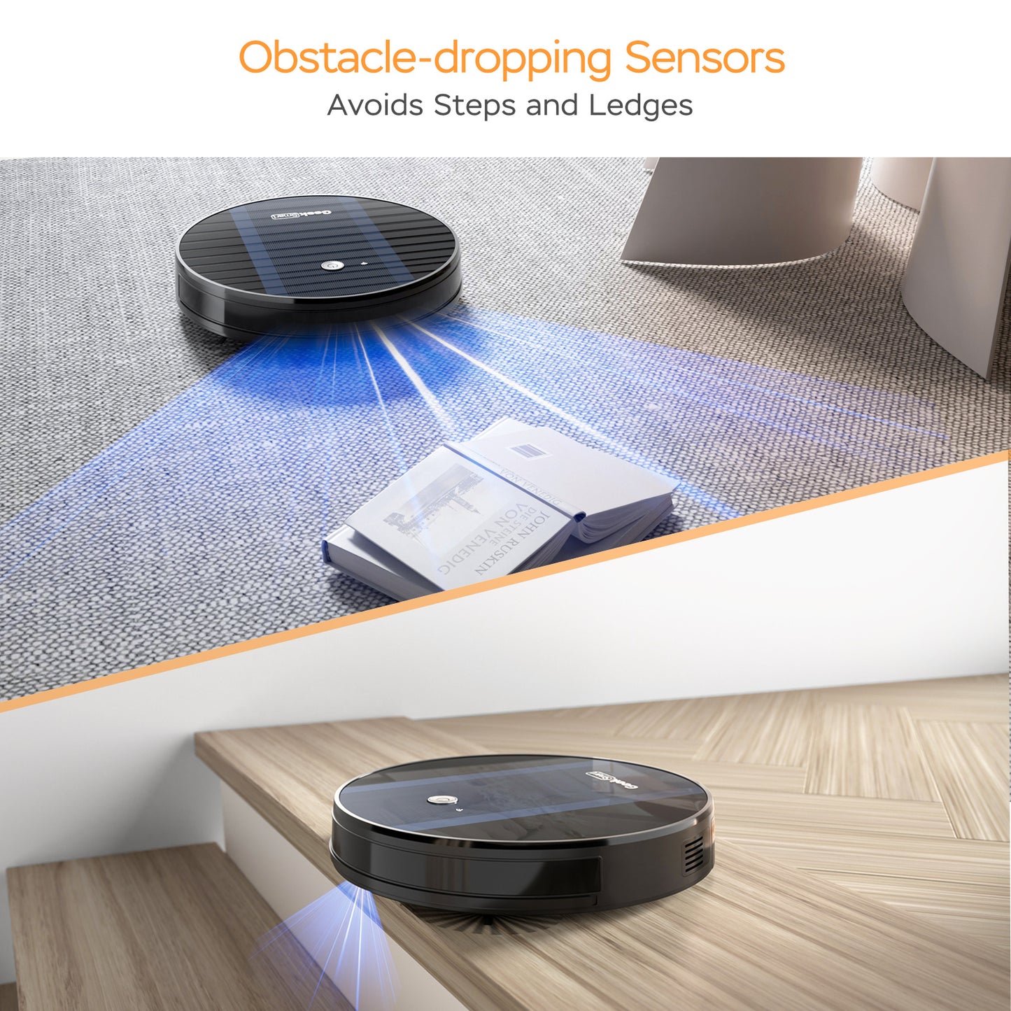 Black robot vacuum with obstacle-dropping sensors avoiding steps and ledges on carpet and wooden floors