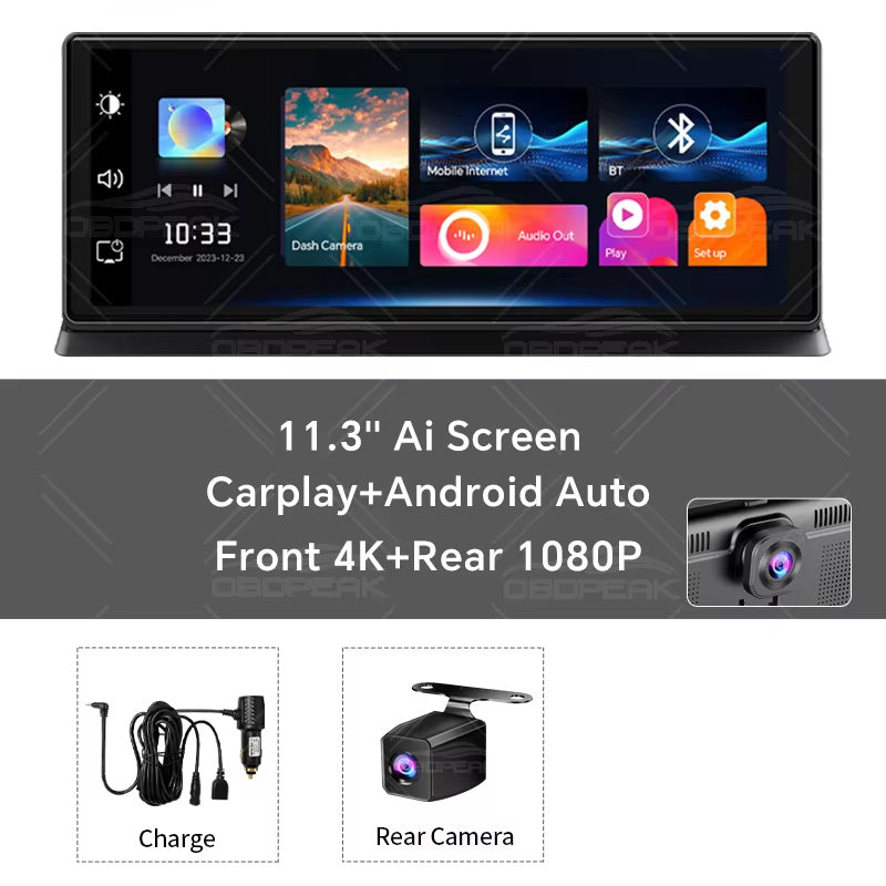 NEW 4K 11.3inch Wireless CarPlay Dash Cam Portable Car Radio Screen Android Auto Voice Control BT