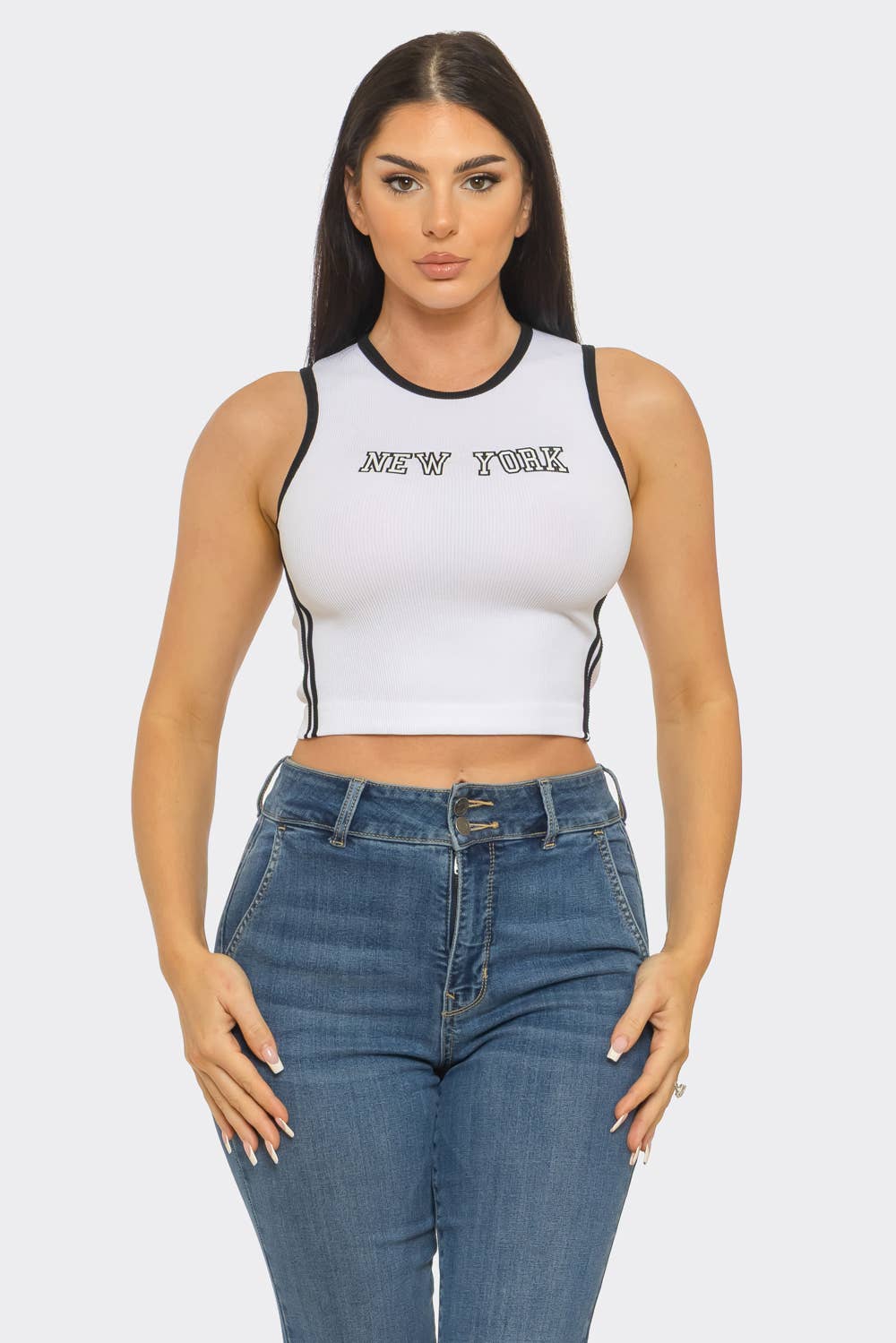 Seamless "New York" Screen Print Side Stripes Top