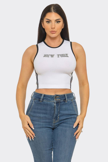 Seamless "New York" Screen Print Side Stripes Top