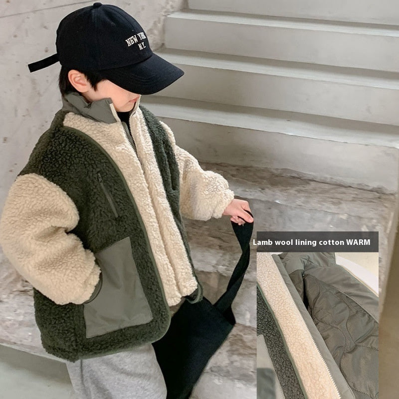 Lambswool Splicing Coat Korean Style Children Warm Thickened