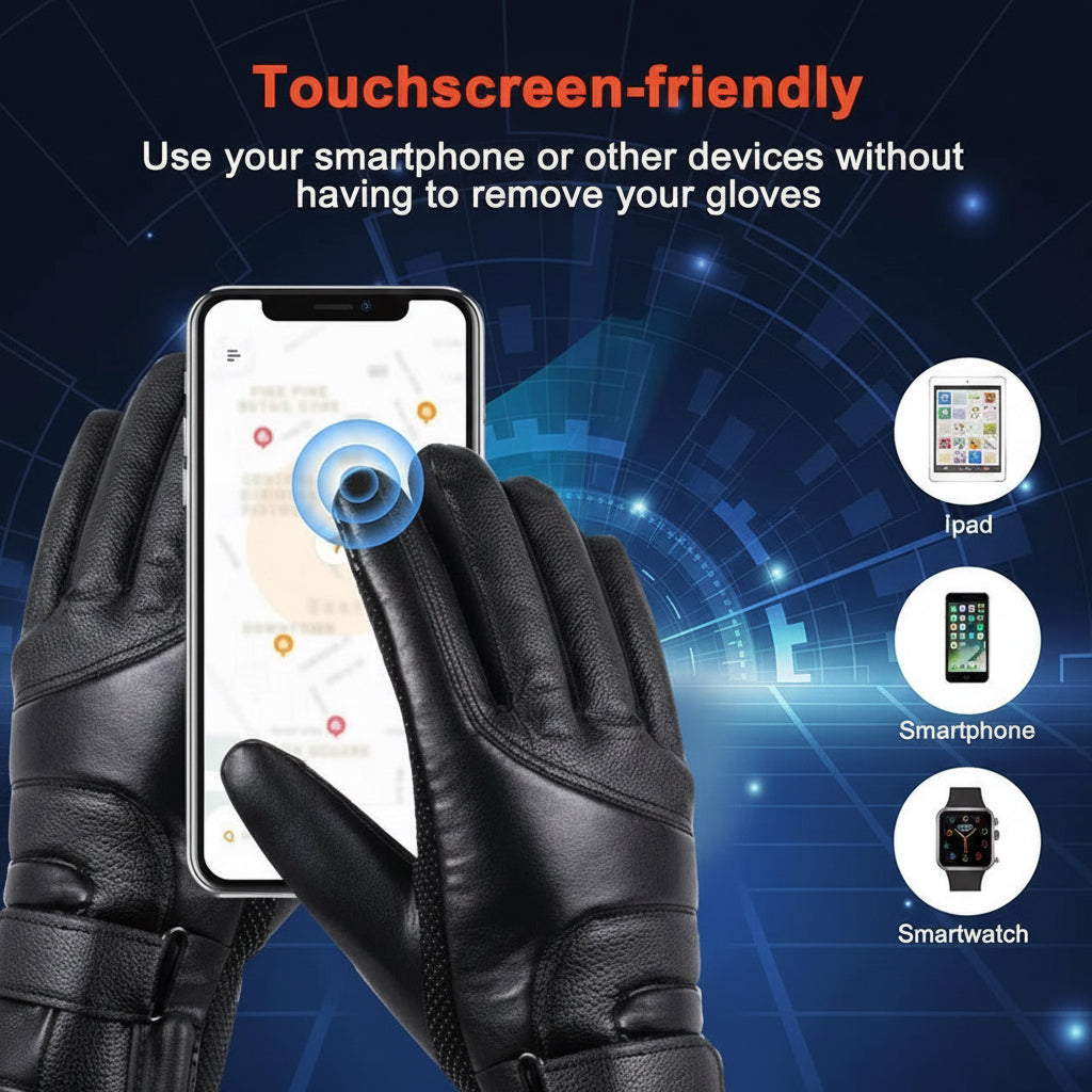Black touchscreen-friendly leather gloves using smartphone with icons for iPad, smartphone, and smartwatch compatibility