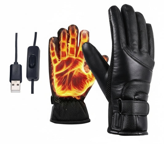 black USB heated winter gloves with warming thermal effect and adjustable strap