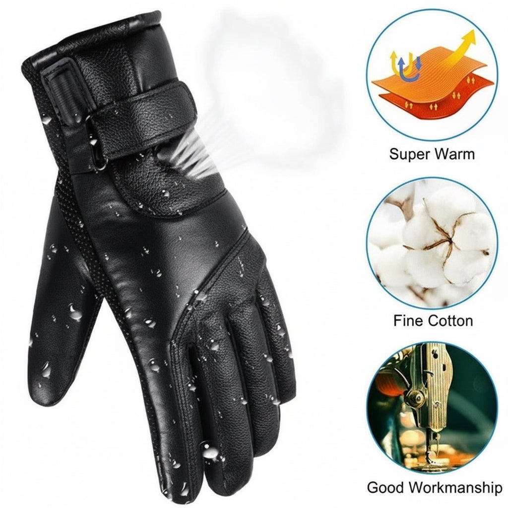 Black waterproof electric heated gloves with adjustable strap and thermal insulation icons