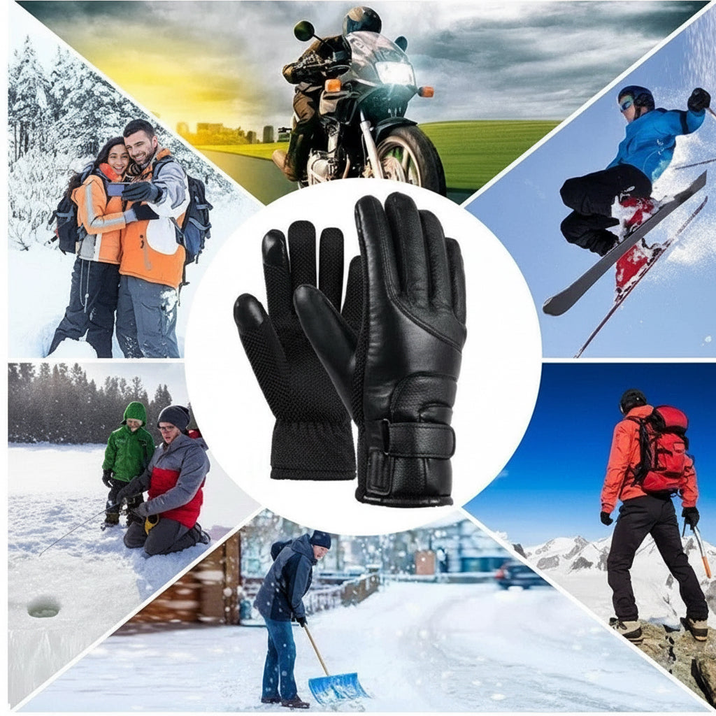 Black electric USB heated gloves in center with winter activities like skiing, snow hiking, and shoveling surrounding
