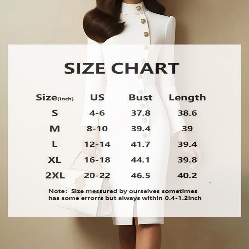 Elegant Solid Color Women's Long Sleeve Dress, Stand Collar With Golden Buttons Bodycon Slit Hem Dress For Formal Occasions - JonaStore