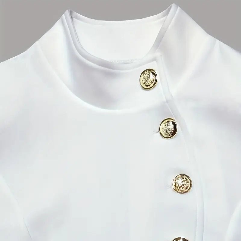 Elegant Solid Color Women's Long Sleeve Dress, Stand Collar With Golden Buttons Bodycon Slit Hem Dress For Formal Occasions - JonaStore