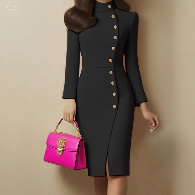 Elegant Solid Color Women's Long Sleeve Dress, Stand Collar With Golden Buttons Bodycon Slit Hem Dress For Formal Occasions - JonaStore