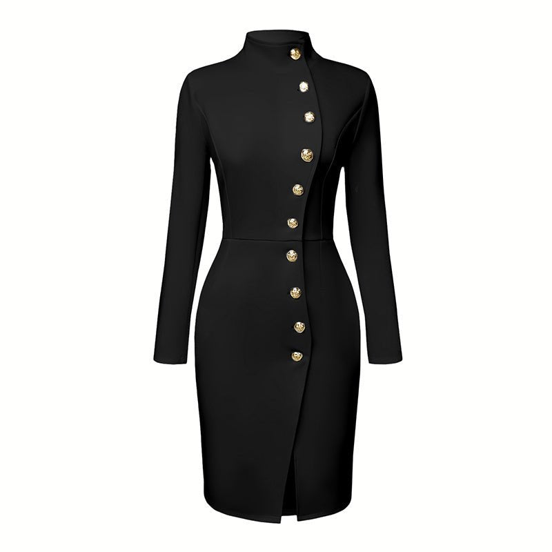Elegant Solid Color Women's Long Sleeve Dress, Stand Collar With Golden Buttons Bodycon Slit Hem Dress For Formal Occasions - JonaStore