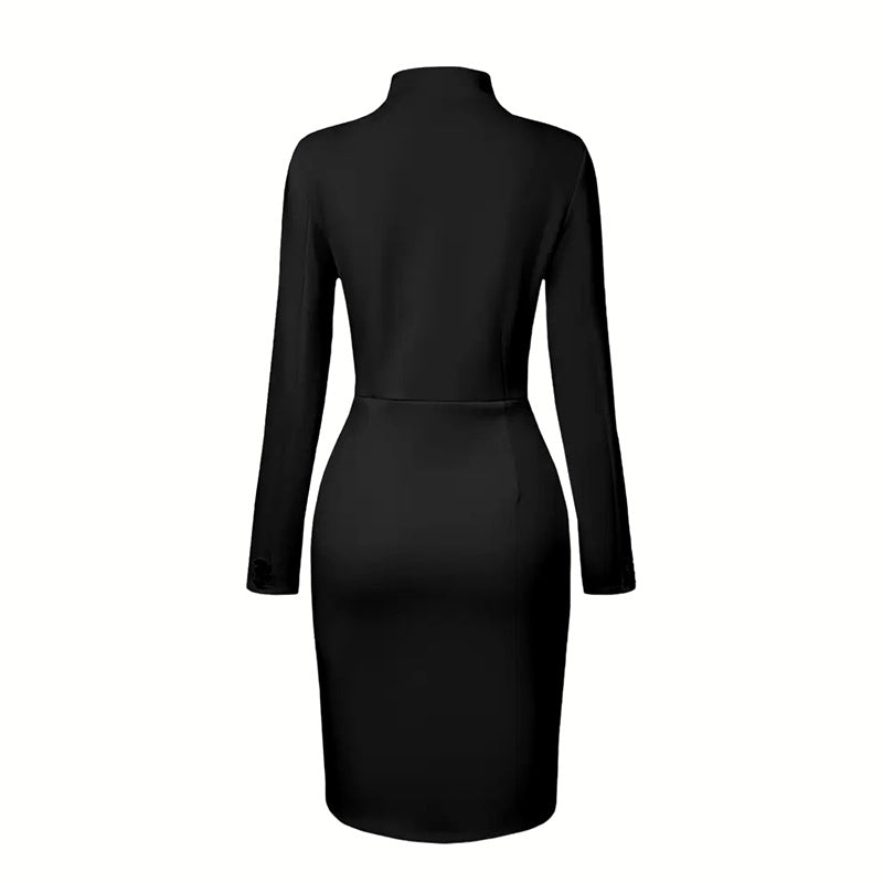 Elegant Solid Color Women's Long Sleeve Dress, Stand Collar With Golden Buttons Bodycon Slit Hem Dress For Formal Occasions - JonaStore