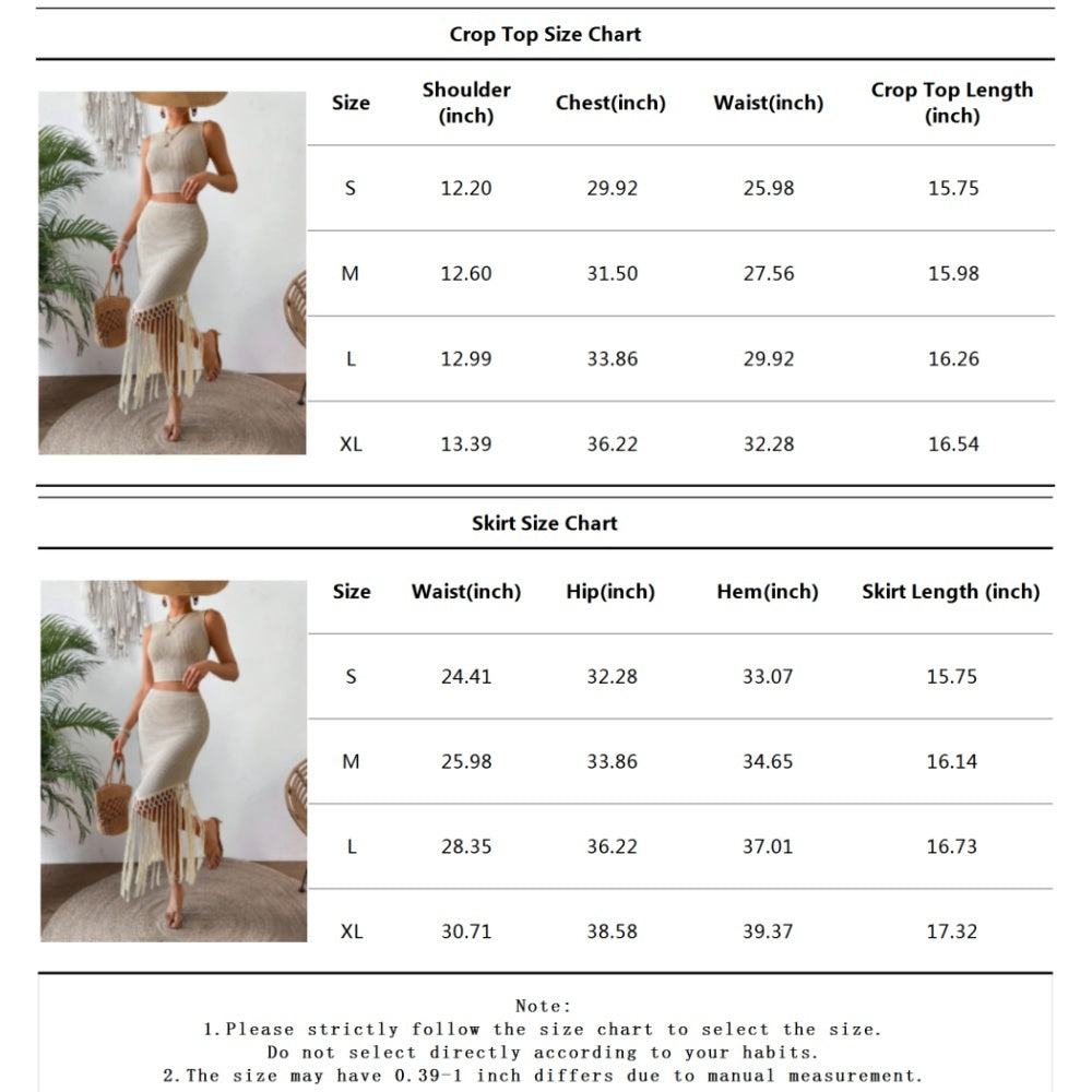 Crop top and skirt size chart with woman modeling beige fringed outfit and straw hat