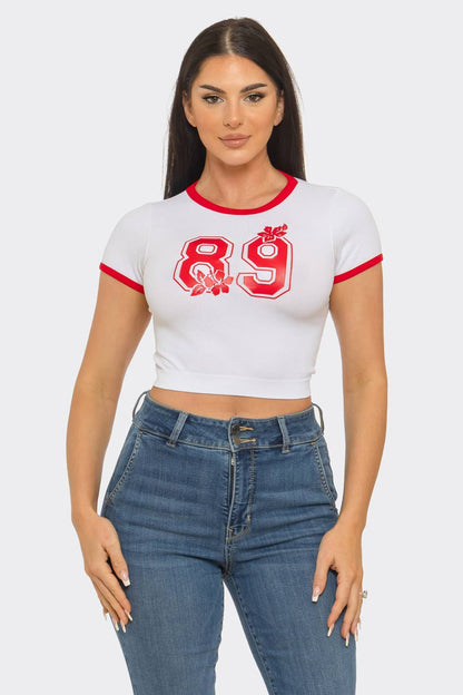 Seamless Contrast Binding "89" Screen Print Top