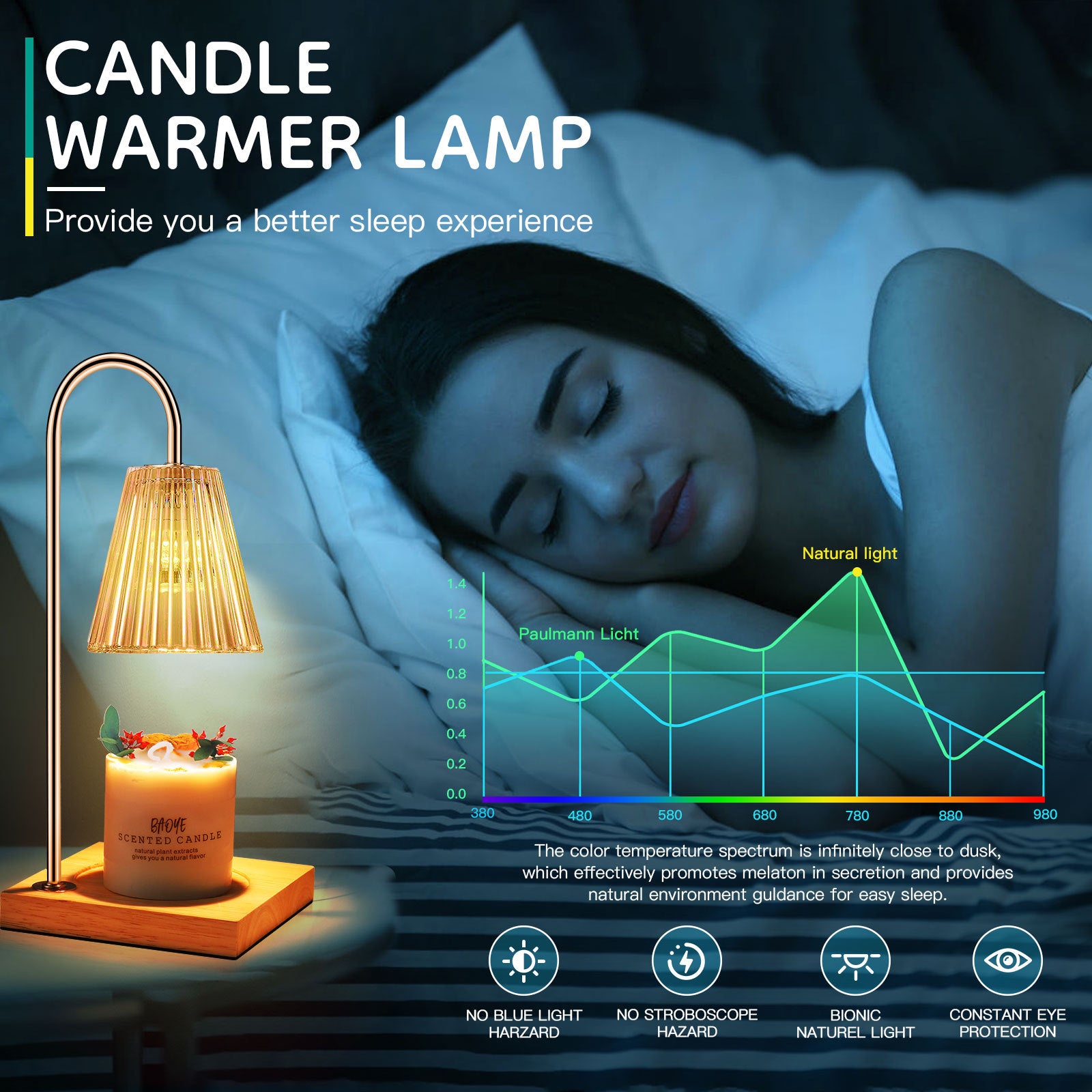 Candle warmer lamp next to sleeping woman with sleep improvement chart and benefits icons