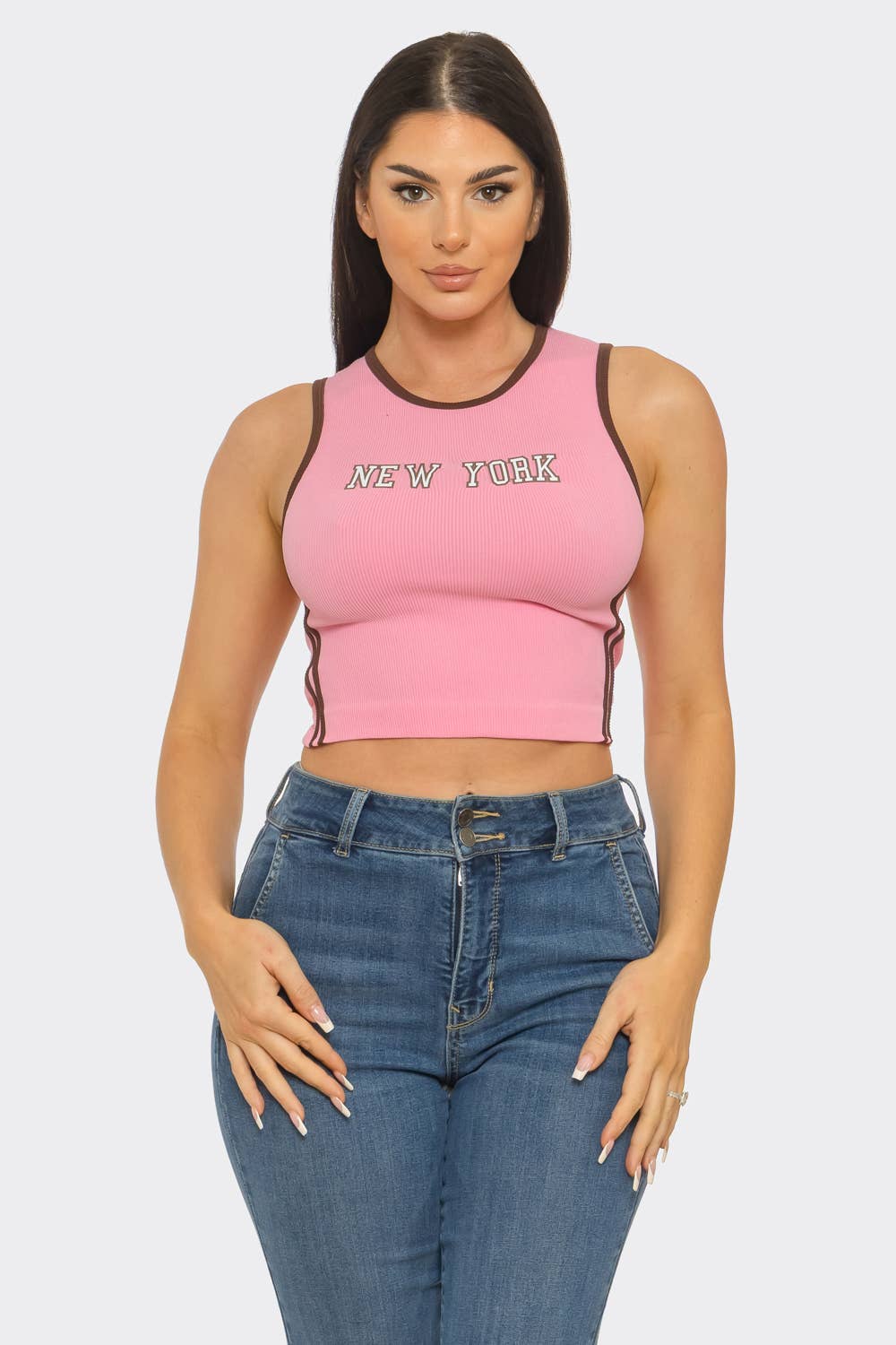 Seamless "New York" Screen Print Side Stripes Top