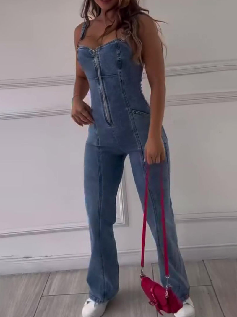 Sleeveless Panel Zip Denim Jumpsuit-Sculpted Fit, Wide Leg, Modern Street Style