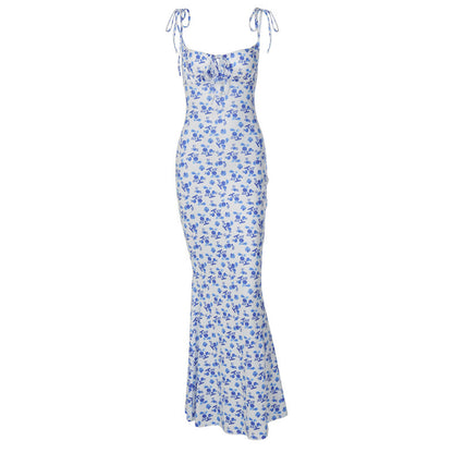 Fashion Flowers Print Suspender Long Dress Summer Lace-up Slim Backless Dresses For Women