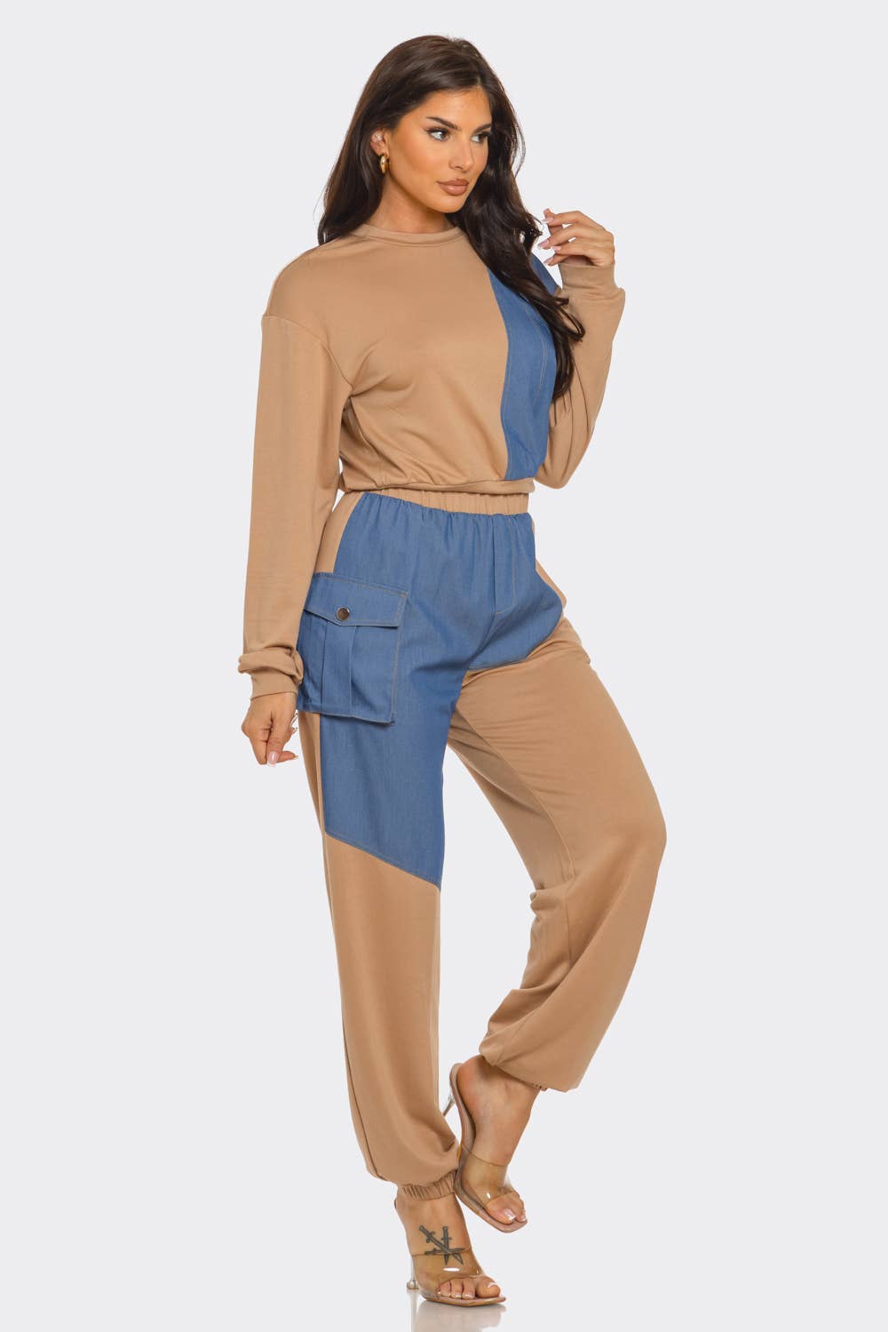 French Terry Color Block Denim Detail Top Pockets Pants Set