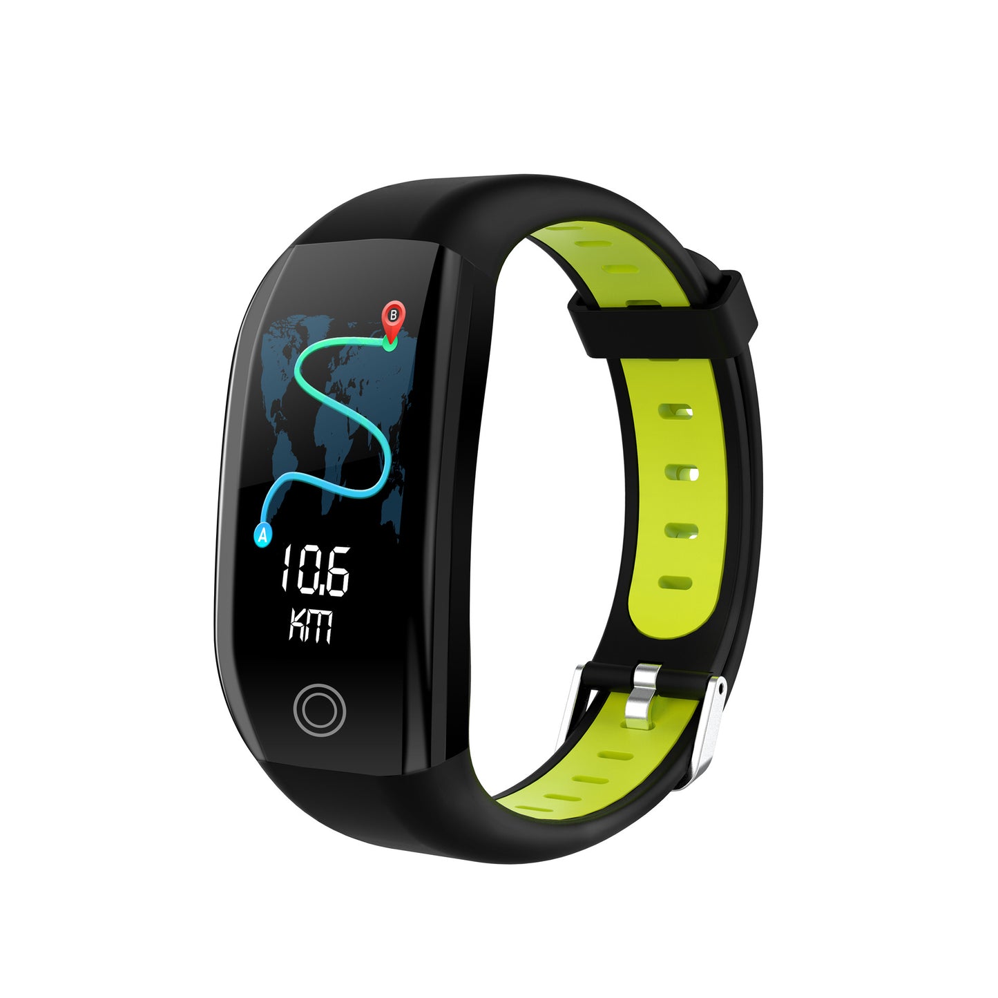 Black and neon green fitness tracker showing 10.6 km with map and route on screen