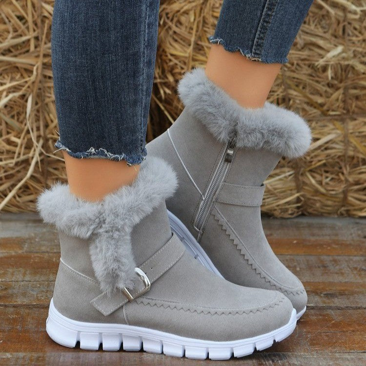 Snow Boots Winter Warm Thickened Solid Color Plush Ankle Boots With Buckle Design Plus Velvet Flat Shoes For Women