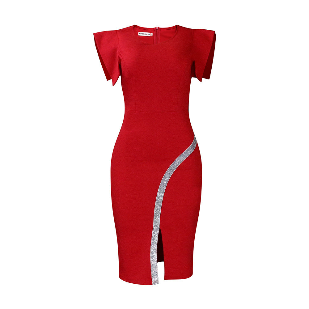 NEW Short Sleeve Sheath Tight Temperament Ol Split Bright Edge Dress