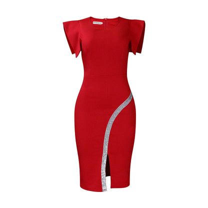 NEW Short Sleeve Sheath Tight Temperament Ol Split Bright Edge Dress