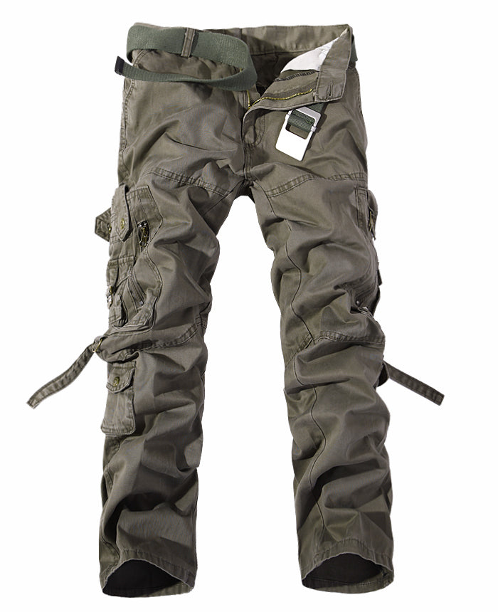 Men's olive green cargo pants with multiple pockets and a matching belt on white background