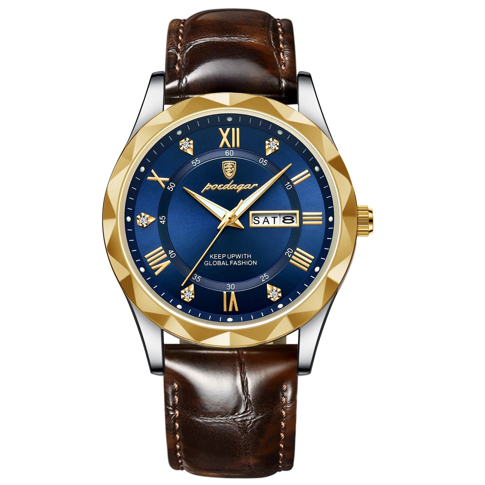 Men's wristwatch with blue dial, gold bezel, roman numerals, date display, and brown leather strap