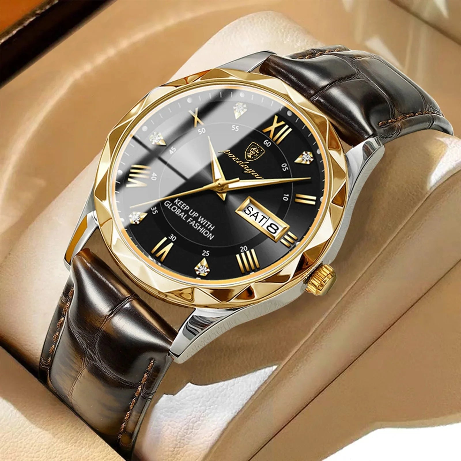 Luxury wristwatch with black dial, gold bezel, diamond markers, and brown leather strap