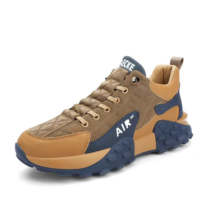 Men's tan and navy quilted sneaker with chunky rubber sole and lace-up design