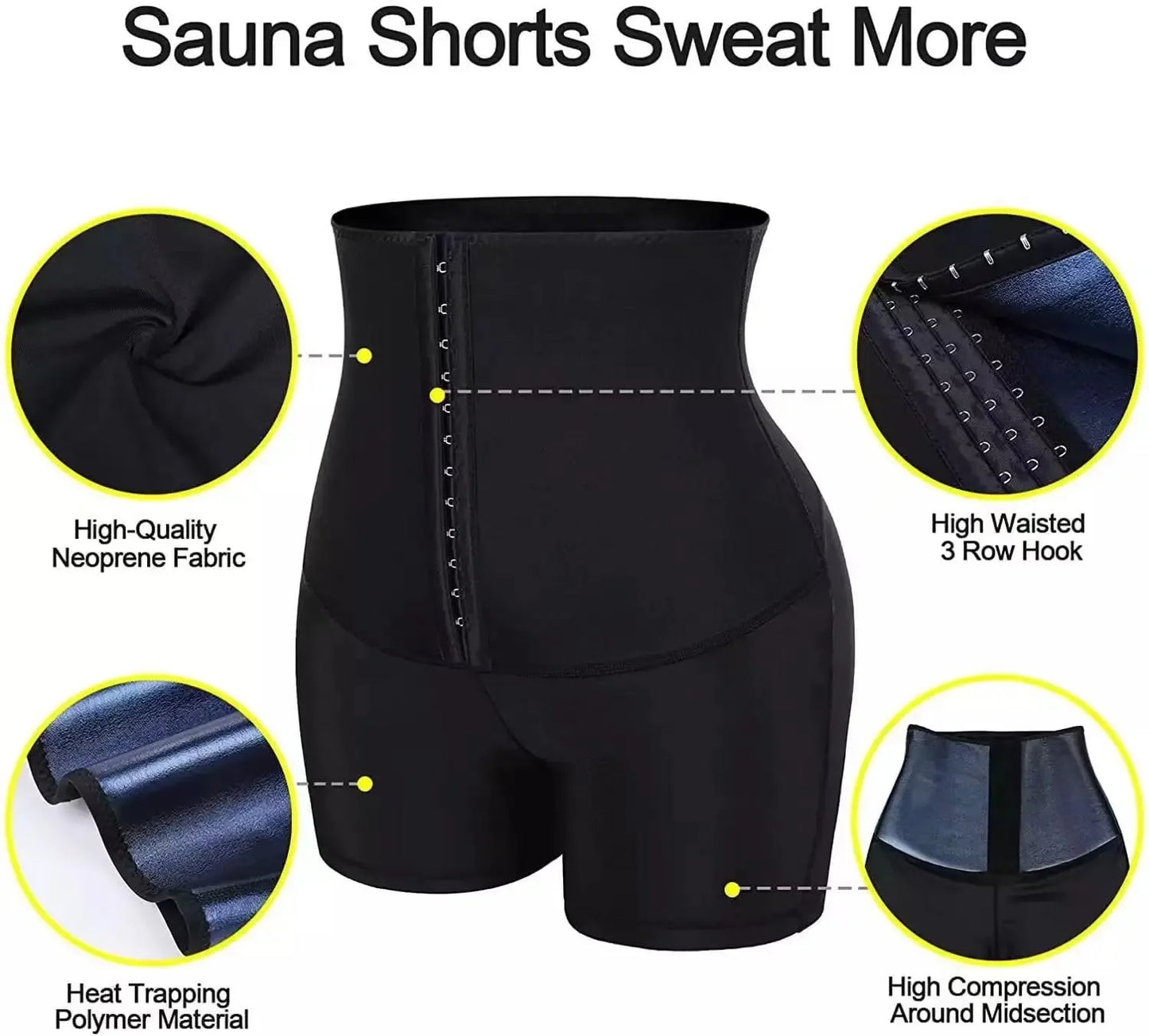 Black high-waisted sauna shorts with 3-row hook, neoprene fabric, heat-trapping polymer, and midsection compression