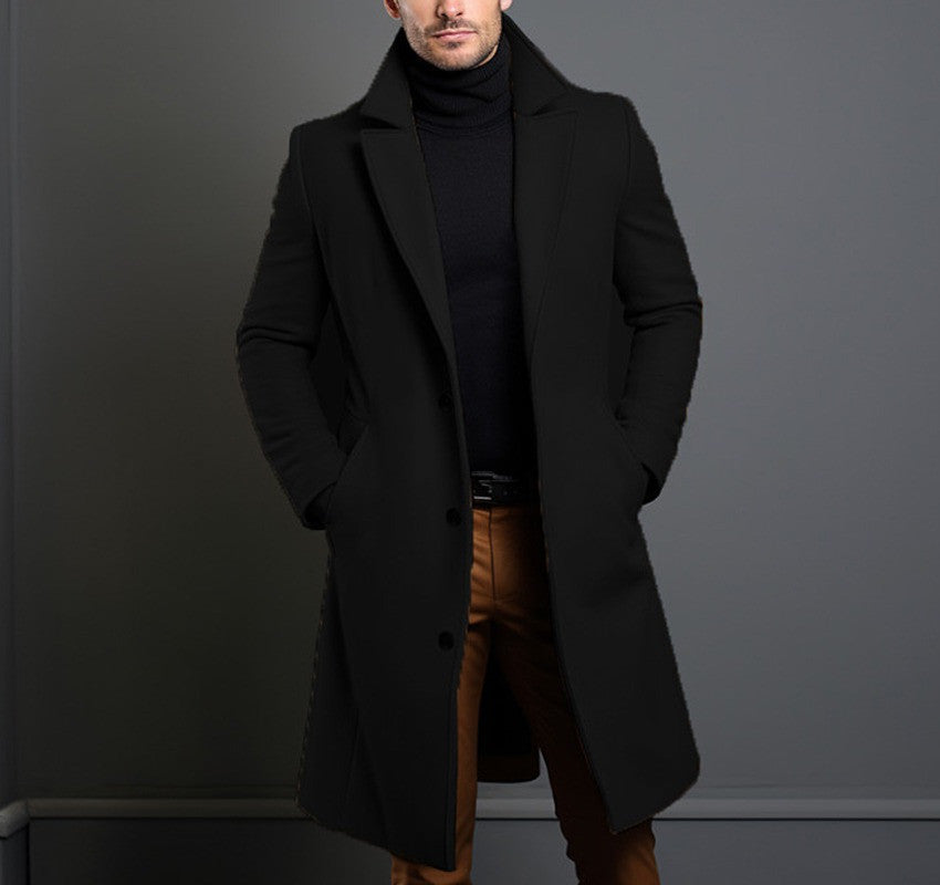 Men’s British Style Woolen Coat – Classic Winter Jacket, Straight Hem Mid-Length Coat with Polyester Lining